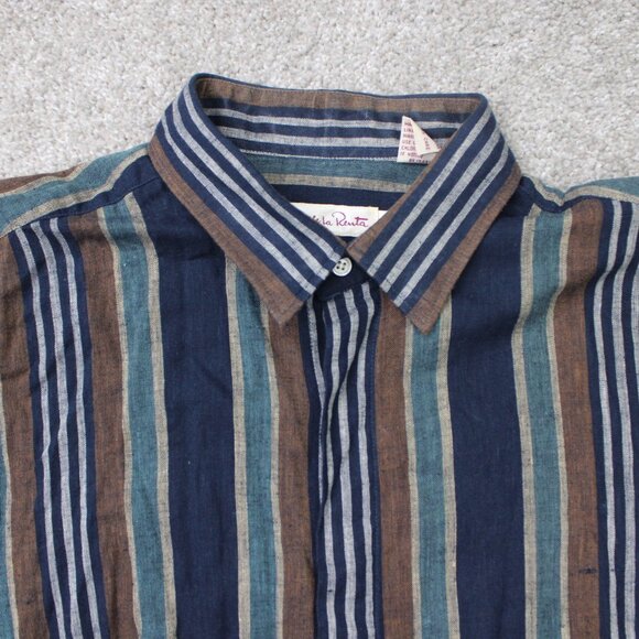 VTG Oscar De La Renta Shirt Mens Large Blue/Green Cotton/Linen/Ramie S/S Button - Picture 6 of 12